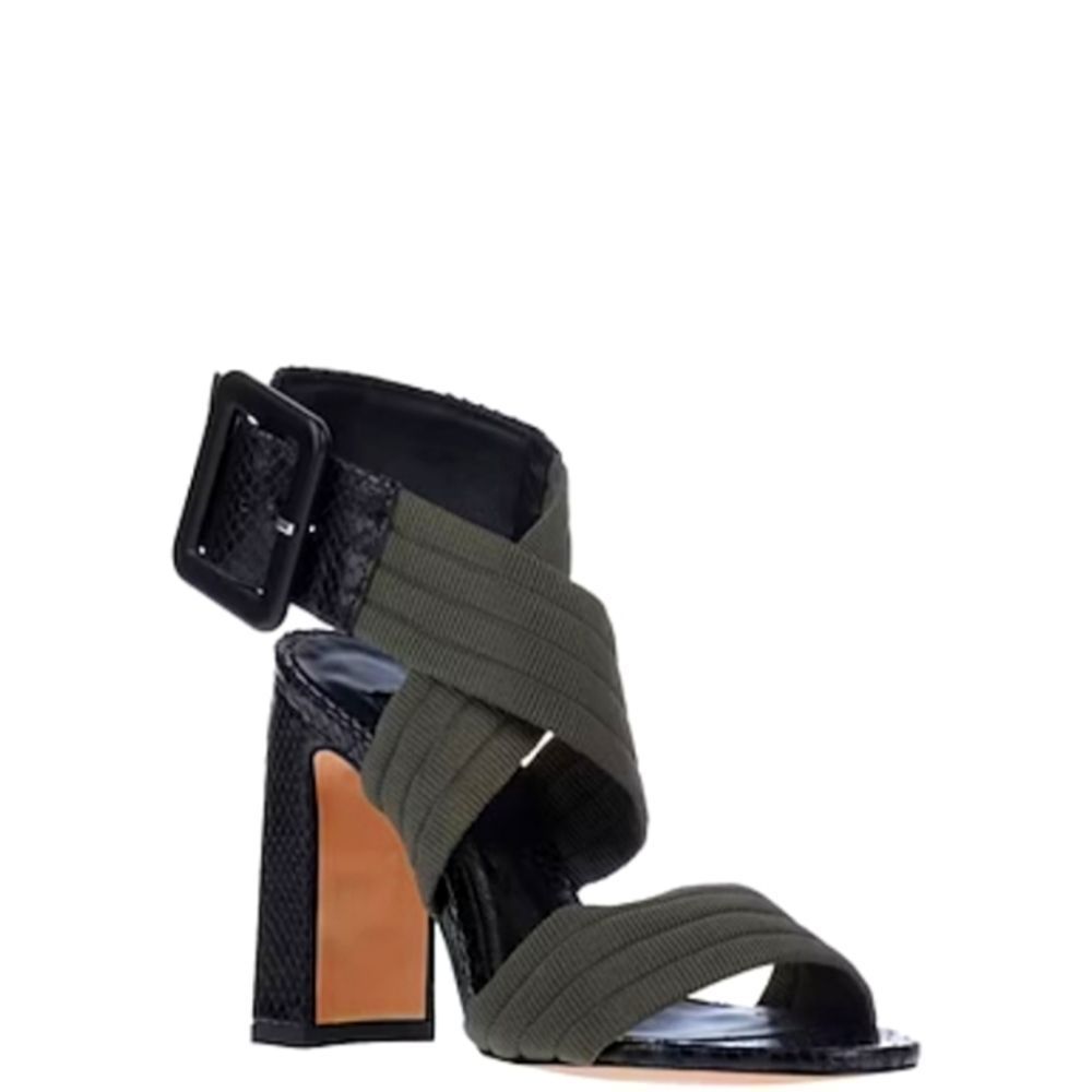 PINKO GREEN TEXTILE/SNAKESKIN CROSS STRAP HEELED SANDALS